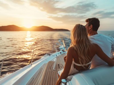 beautiful couple rides on a boat along the river .