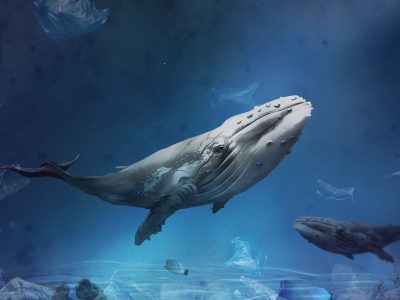 Ocean pollution campaign with whale swimming with plastic bags floating